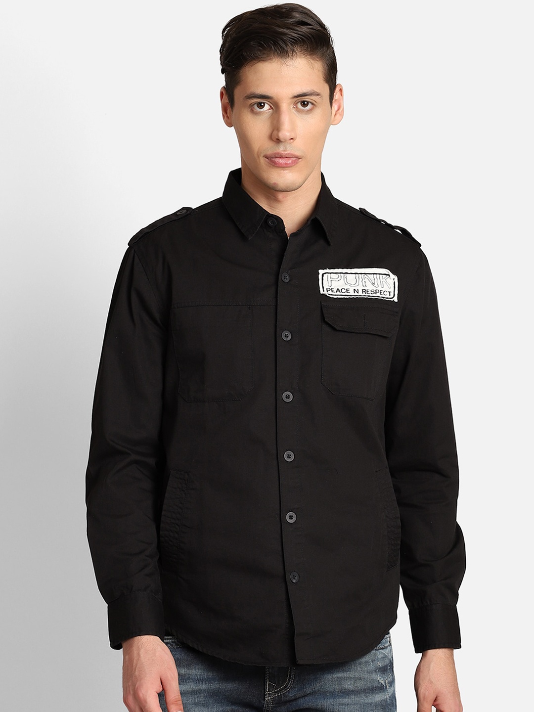 

PUNK Men Black Opaque Printed Casual Cotton Shirt