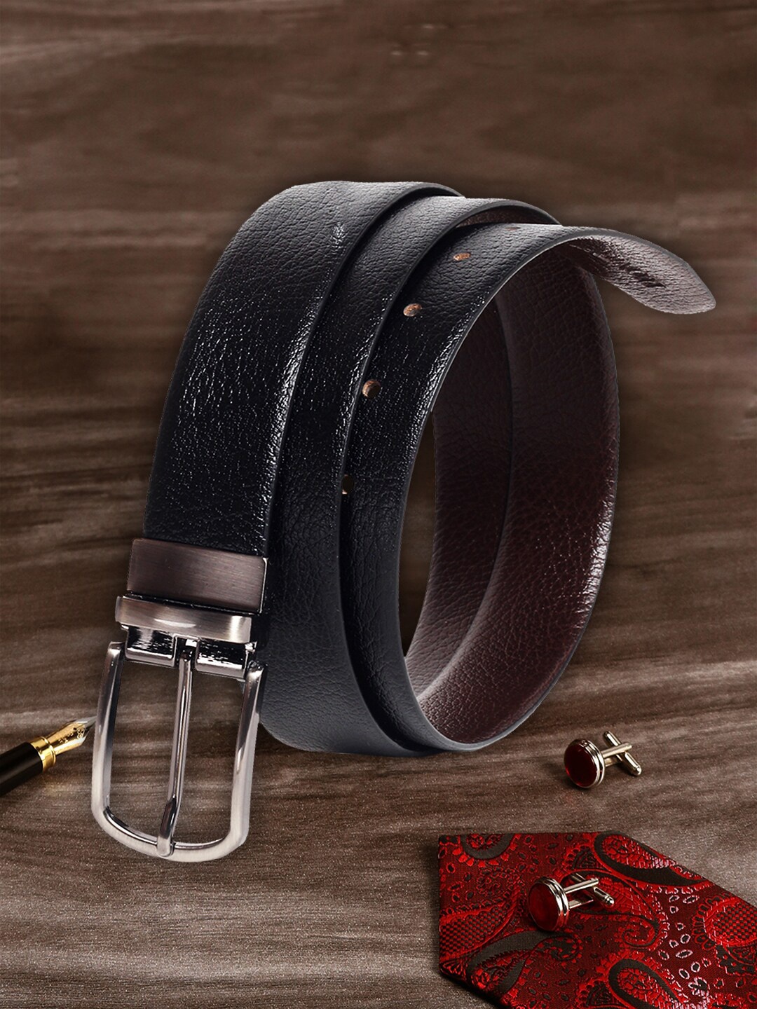 

MUTAQINOTI Men Black Textured Reversible Leather Belt