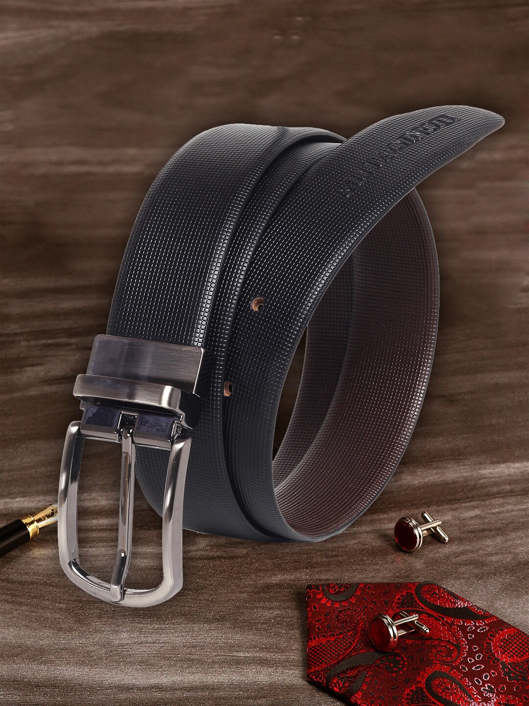 

MUTAQINOTI Men Black Textured Reversible Leather Belt