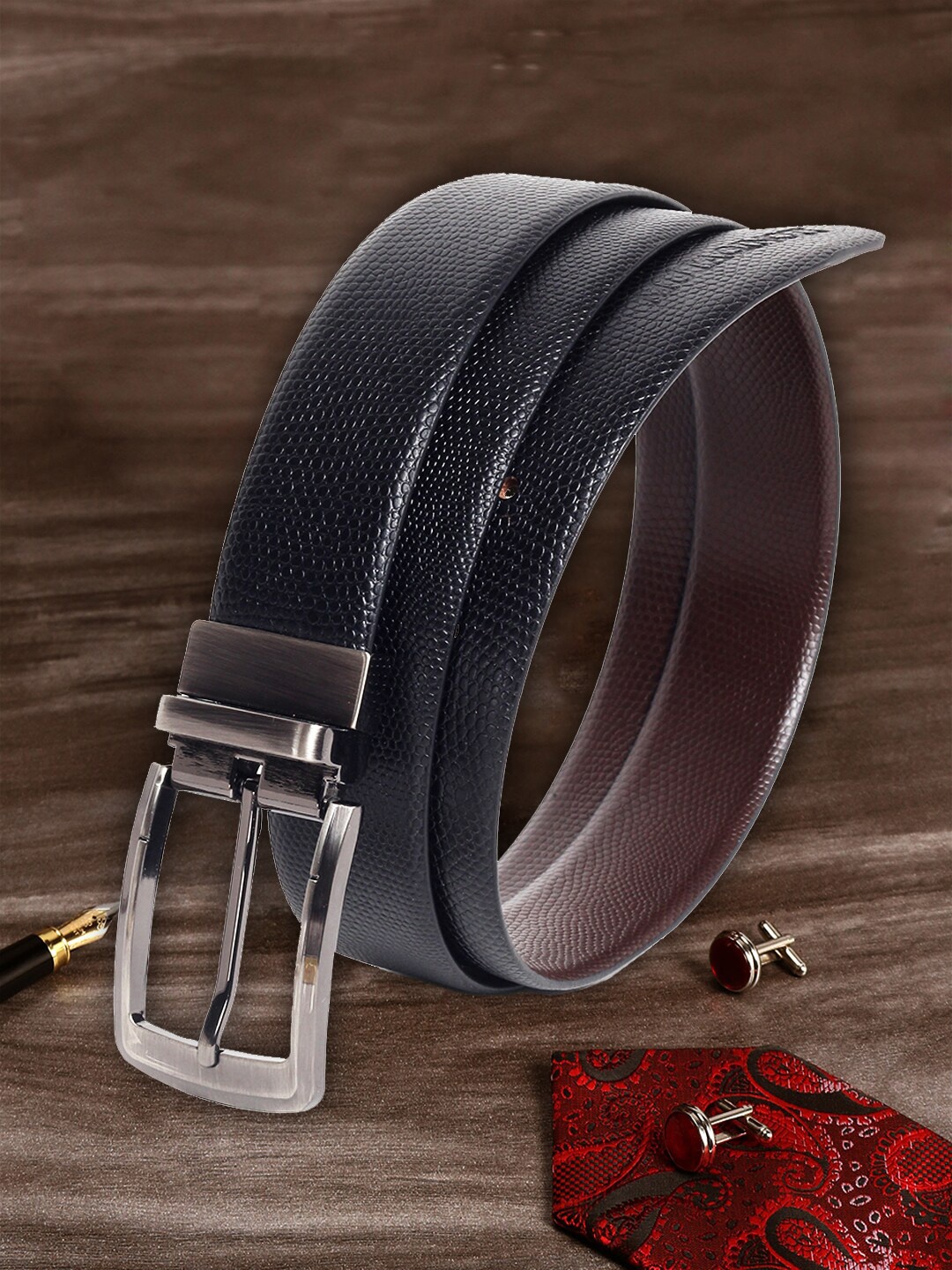 

MUTAQINOTI Men Black Textured Reversible Leather Belt