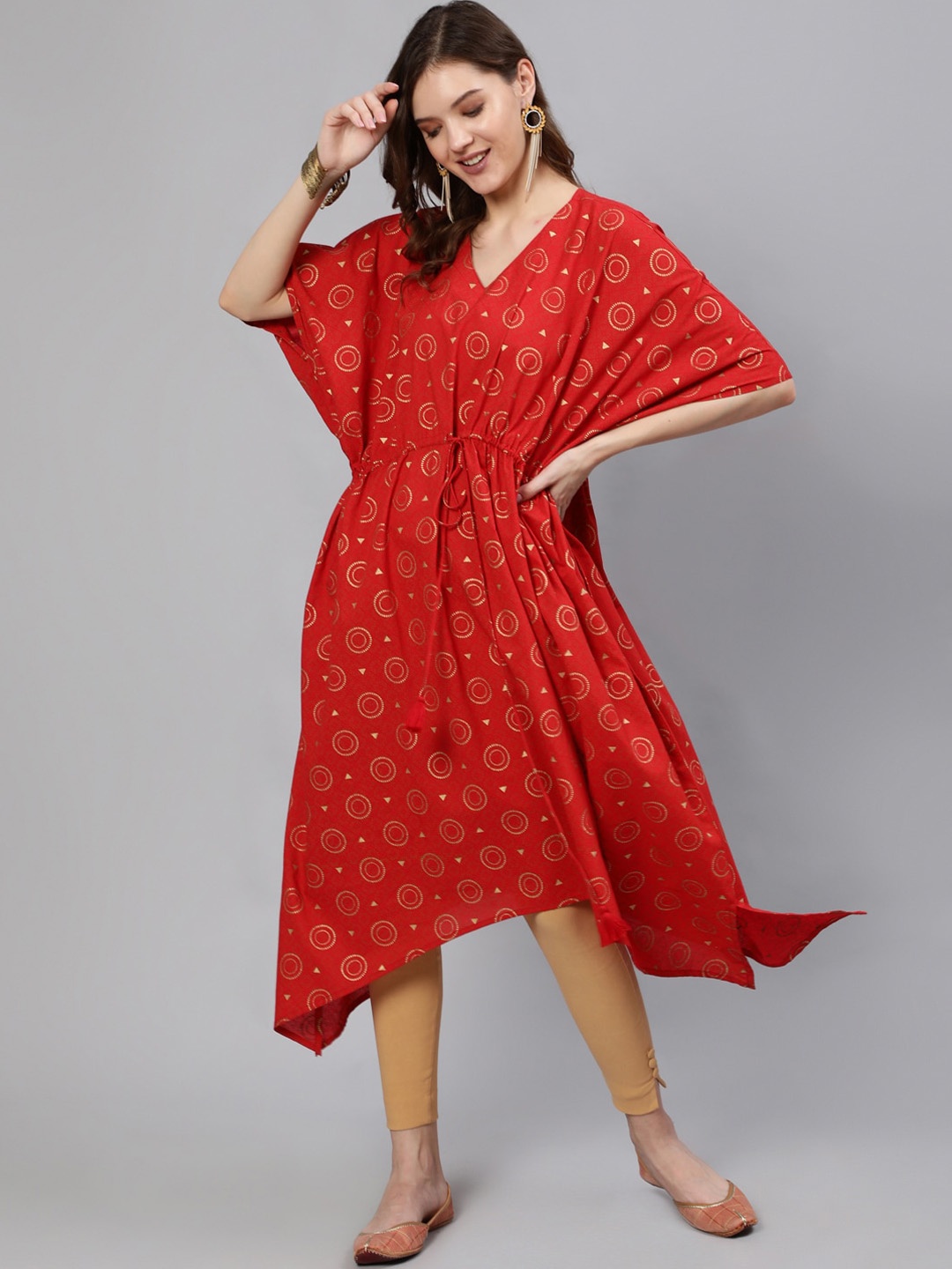 

Nayo Women Red & Gold-Coloured Cotton Printed Flared Sleeves Kaftan Kurta