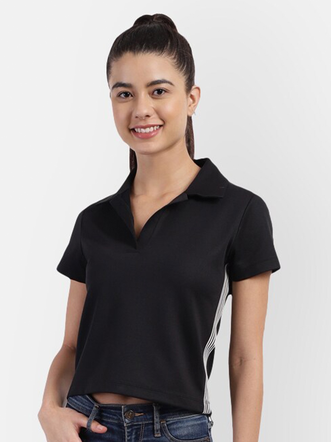 

R26 Women Black Polo Collar T-shirt