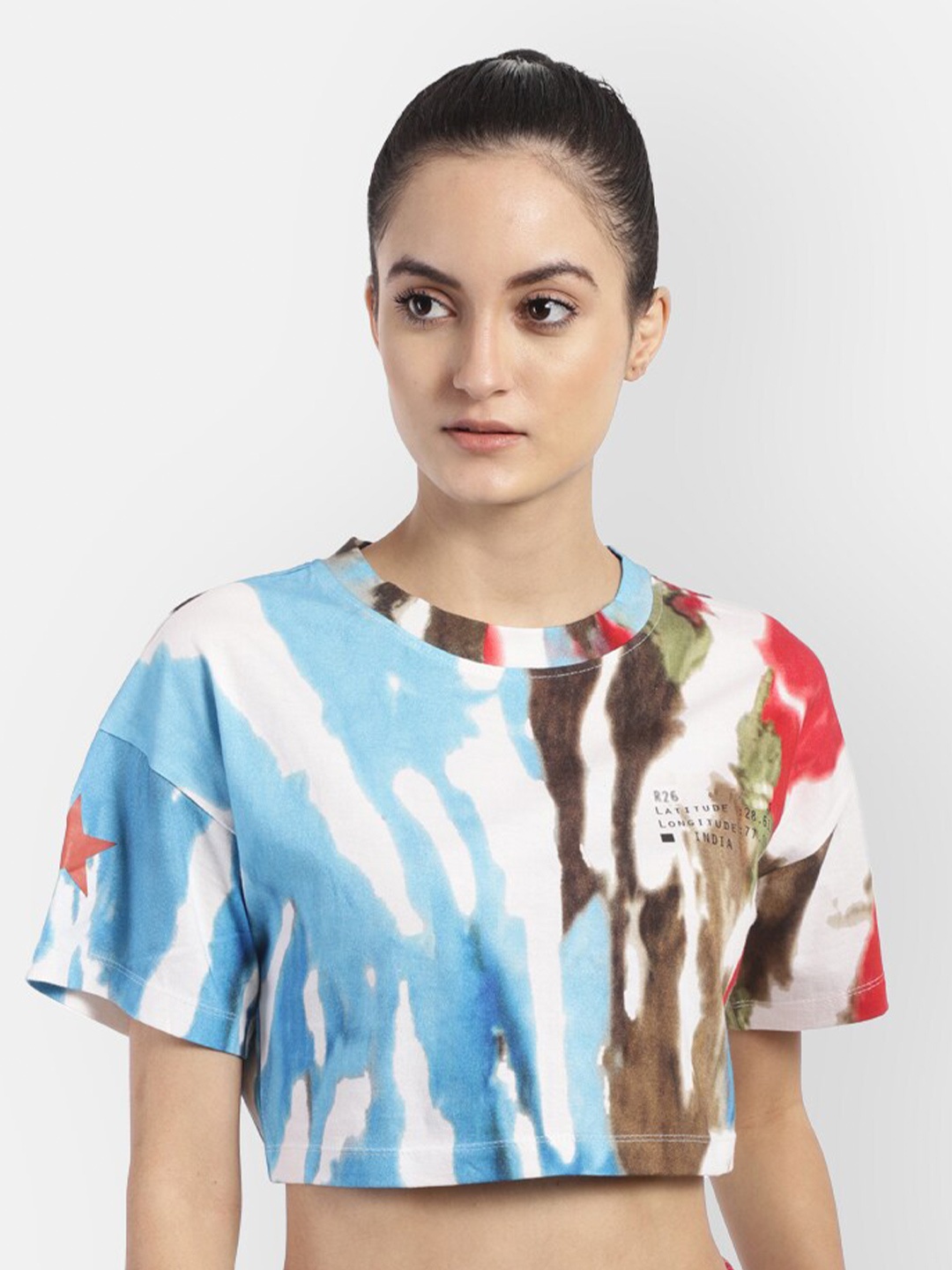 

R26 Women Blue & Brown Tie & Dye Printed Cotton Crop T-shirt