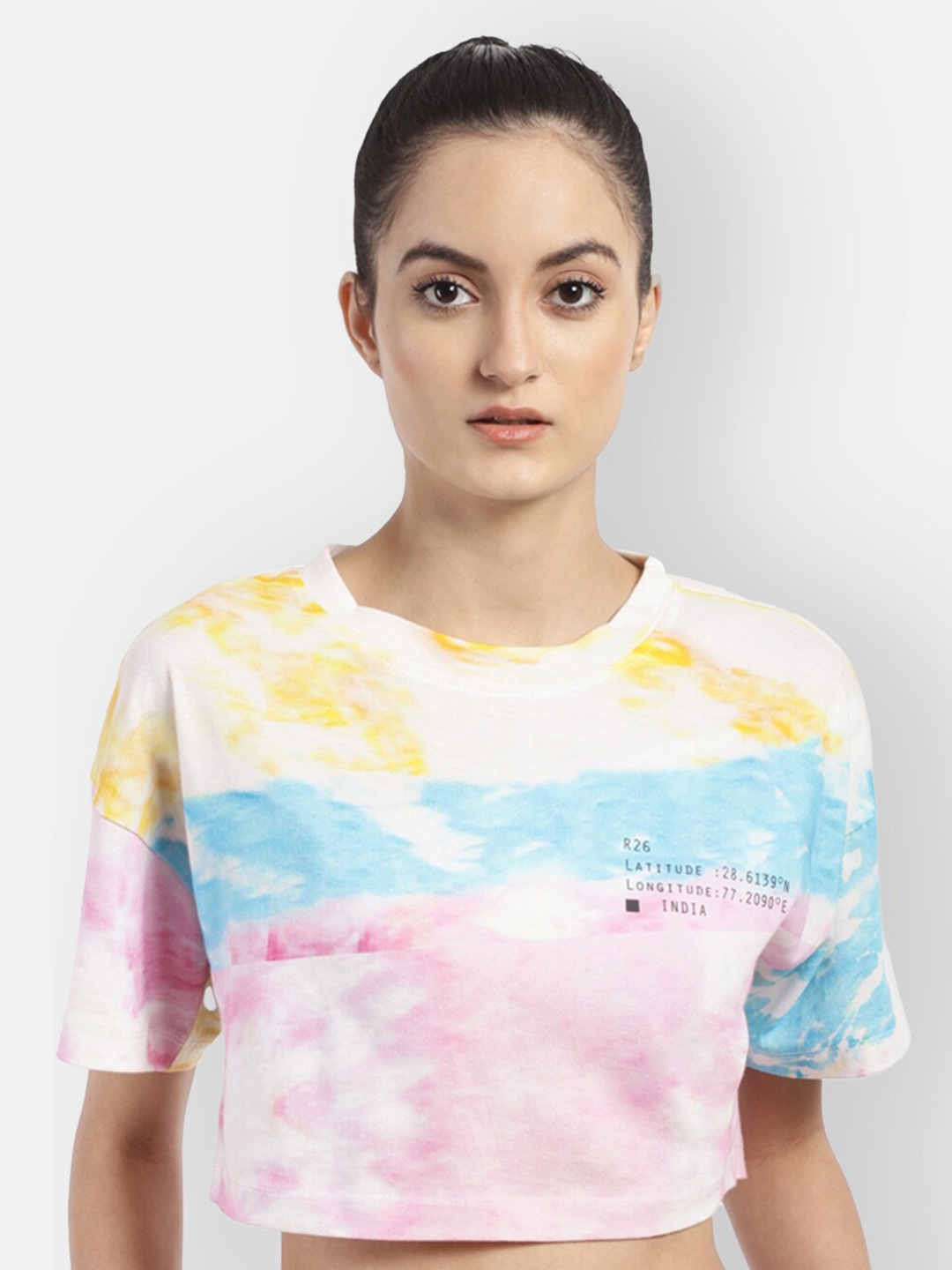 

R26 Women Pink & Blue Tie & Dye Printed Extended Sleeves Crop T-shirt