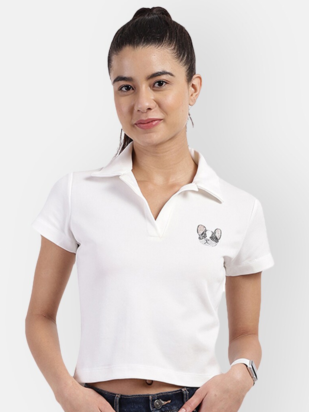 

R26 Women White Polo Collar T-shirt