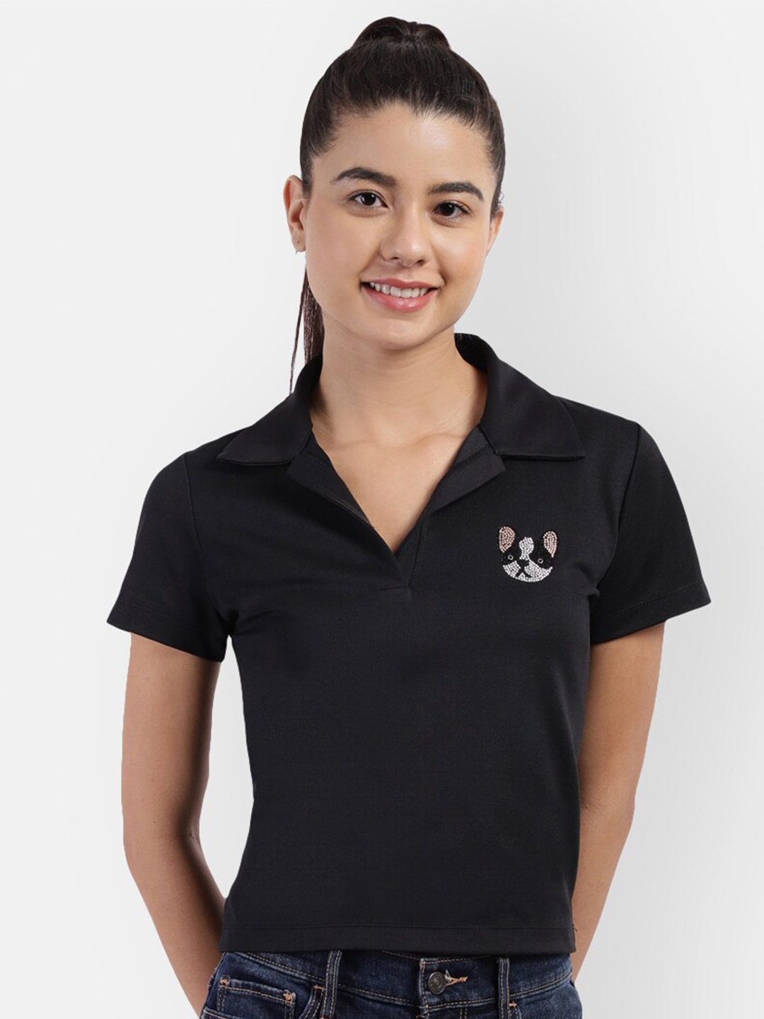 

R26 Women Black Polo Collar T-shirt