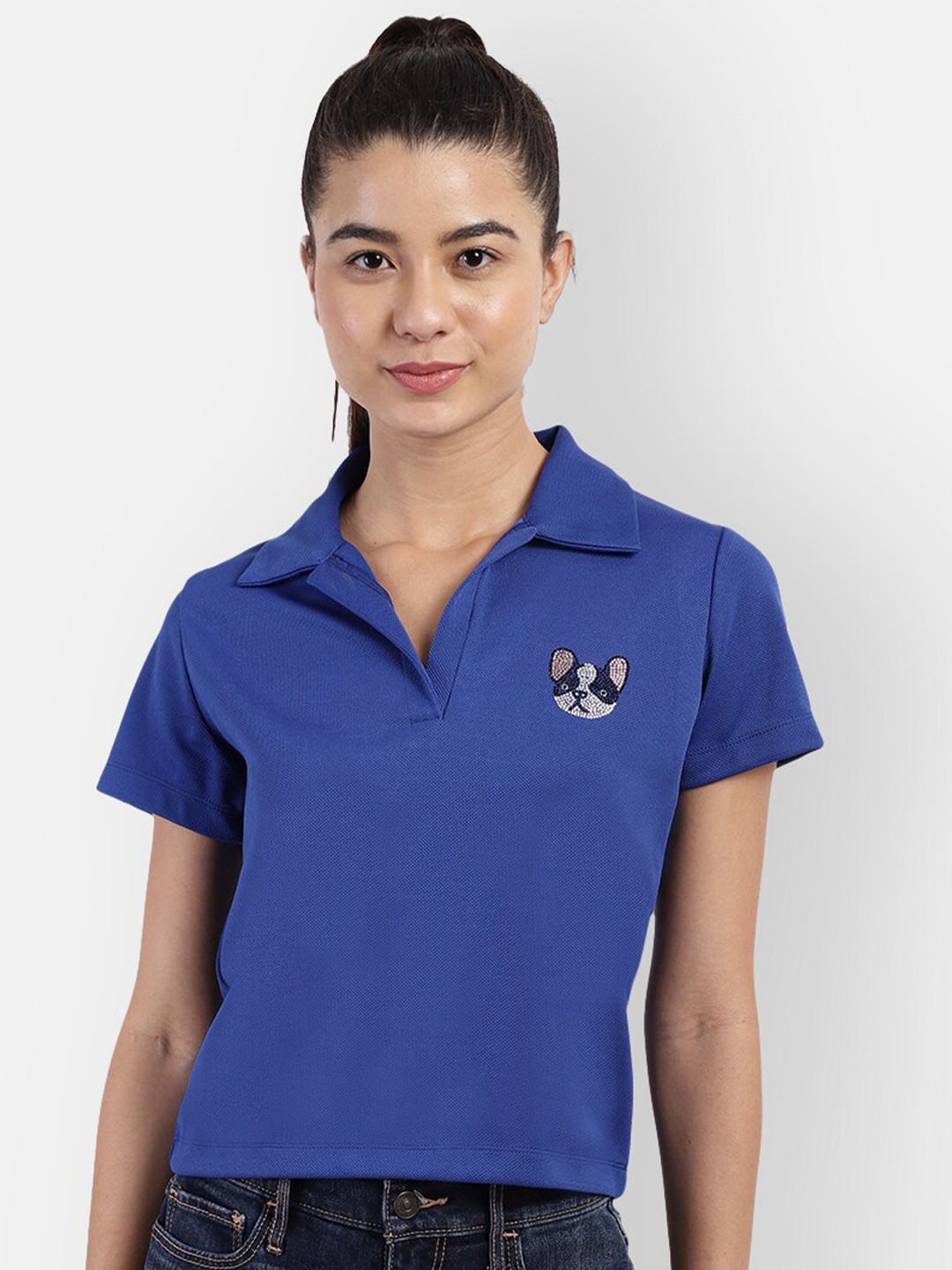 

R26 Women Blue & White Polo Collar T-shirt