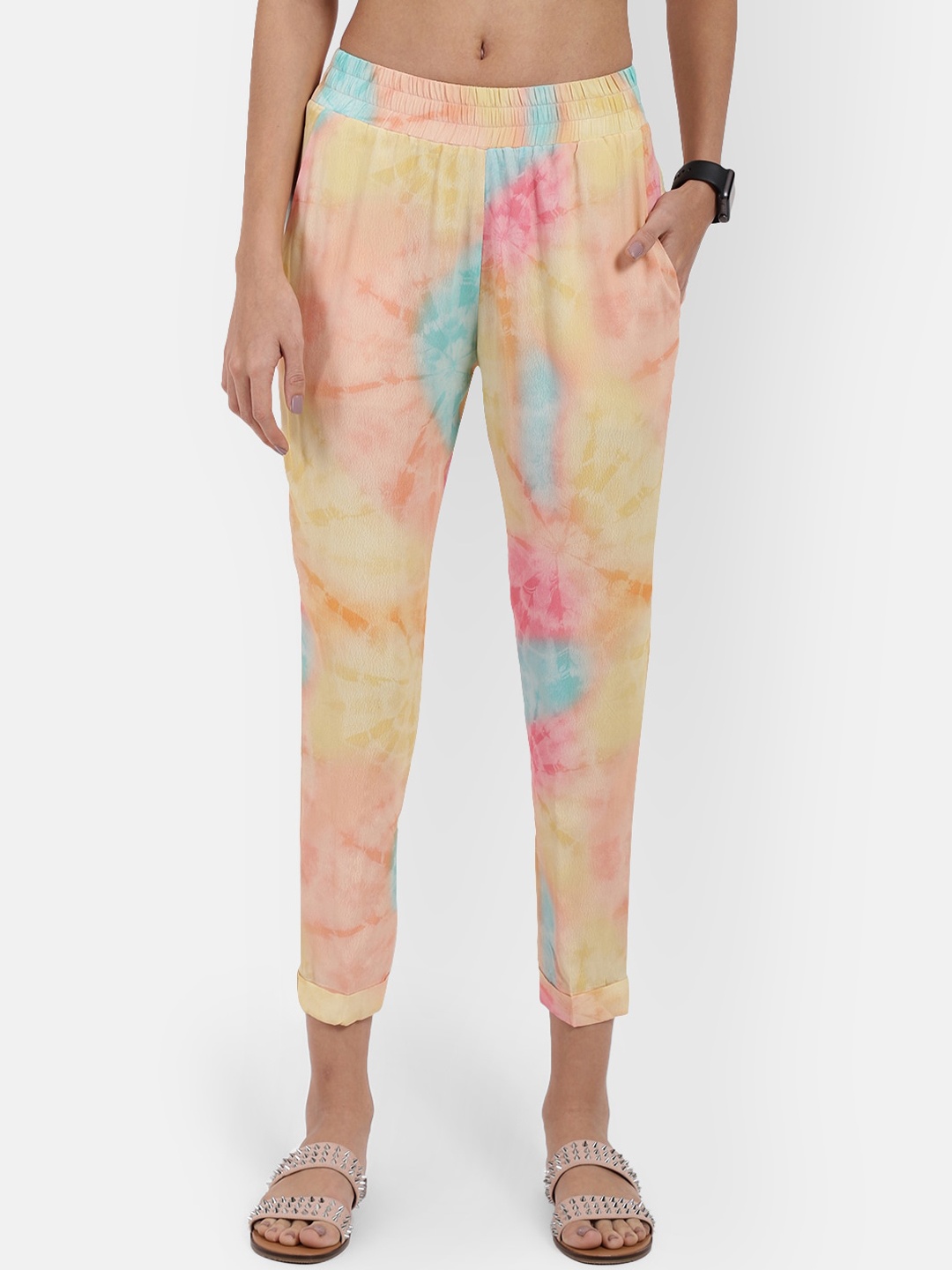 

R26 Women Orange & Pink Tie and Dye Printed Peg Trousers