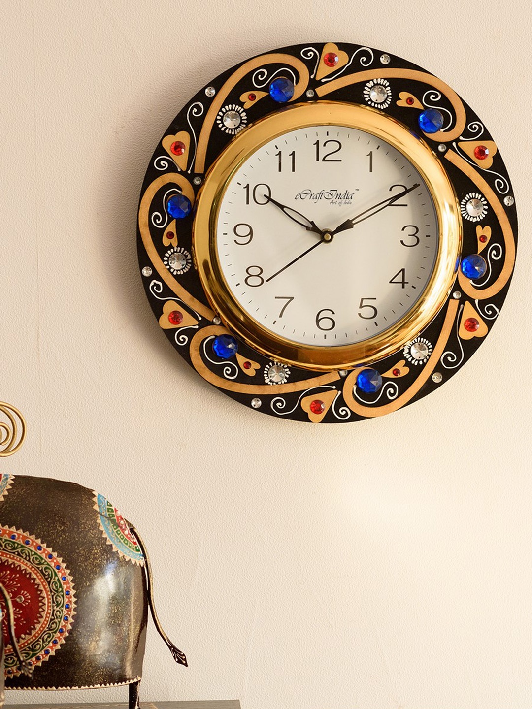

eCraftIndia White Dial Crystal-Studded Wooden Handcrafted 30.734 cm Analogue Wall Clock