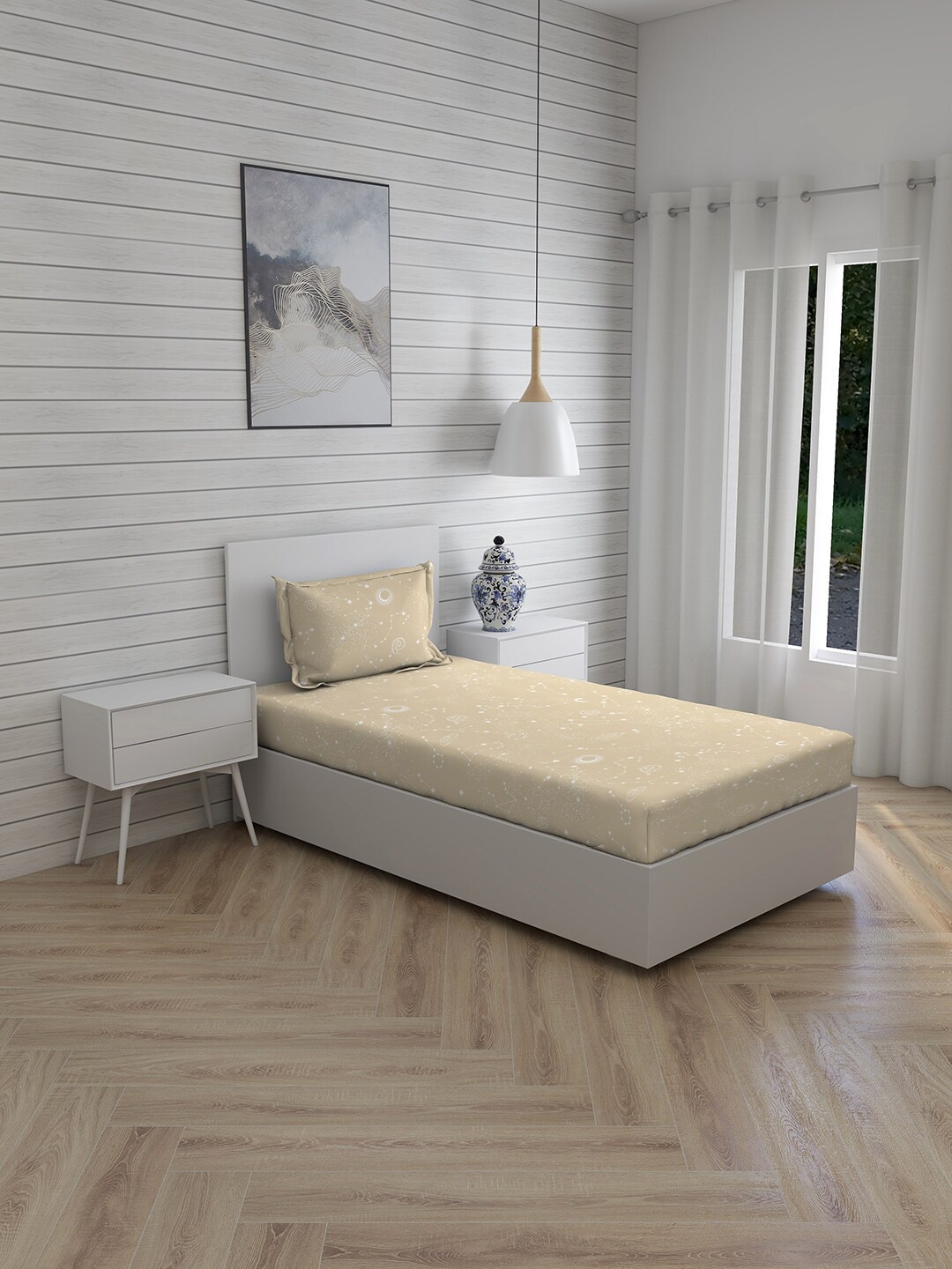 

Layers Beige & White Graphic 150 TC Single Bedsheet with 1 Pillow Covers