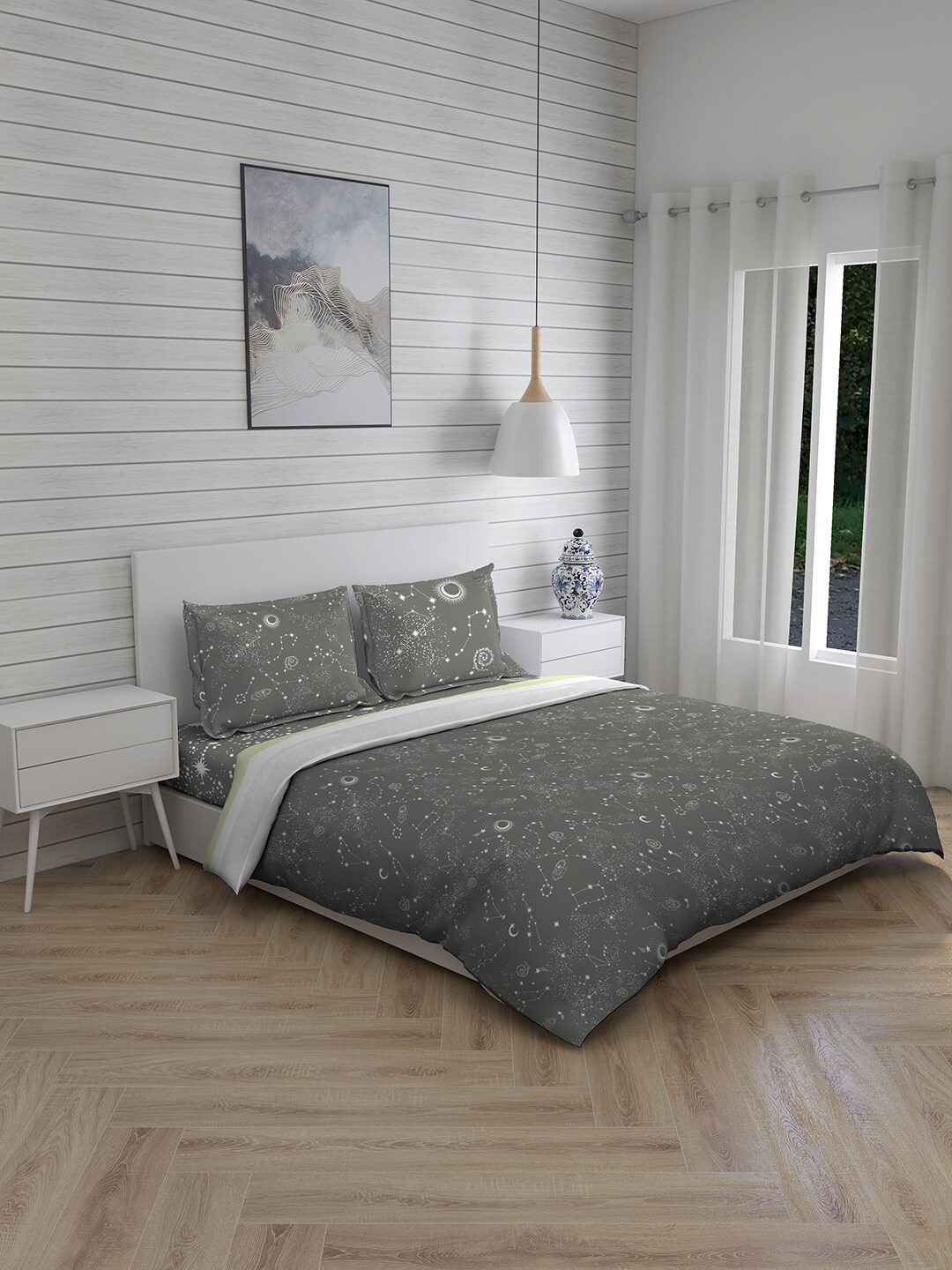 

Layers Grey & White Graphic 150 TC King Bedsheet with 2 Pillow Covers & Comforter