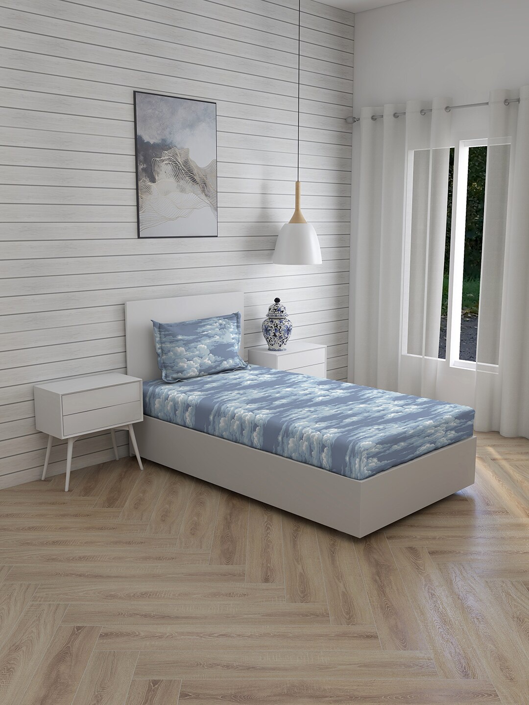 

Layers Blue & Off White Graphic 150 TC Single Bedsheet with 1 Pillow Covers