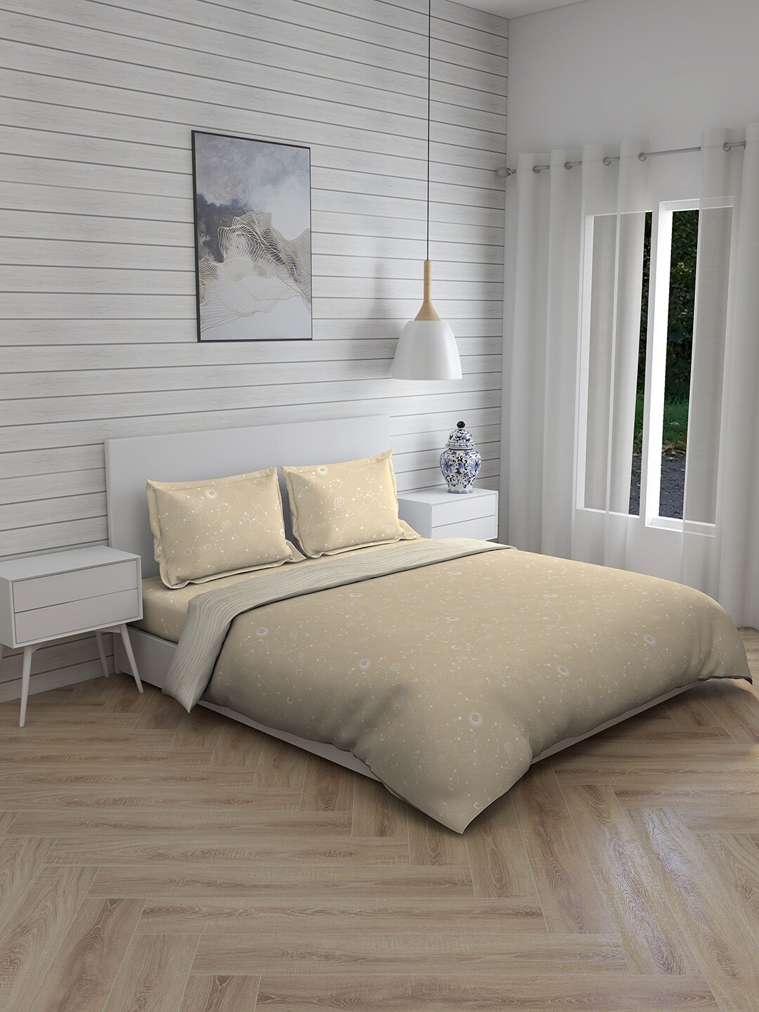 

Layers Beige & White Graphic 150 TC Cotton King Bedsheet with 2 Pillow Covers & Comforter