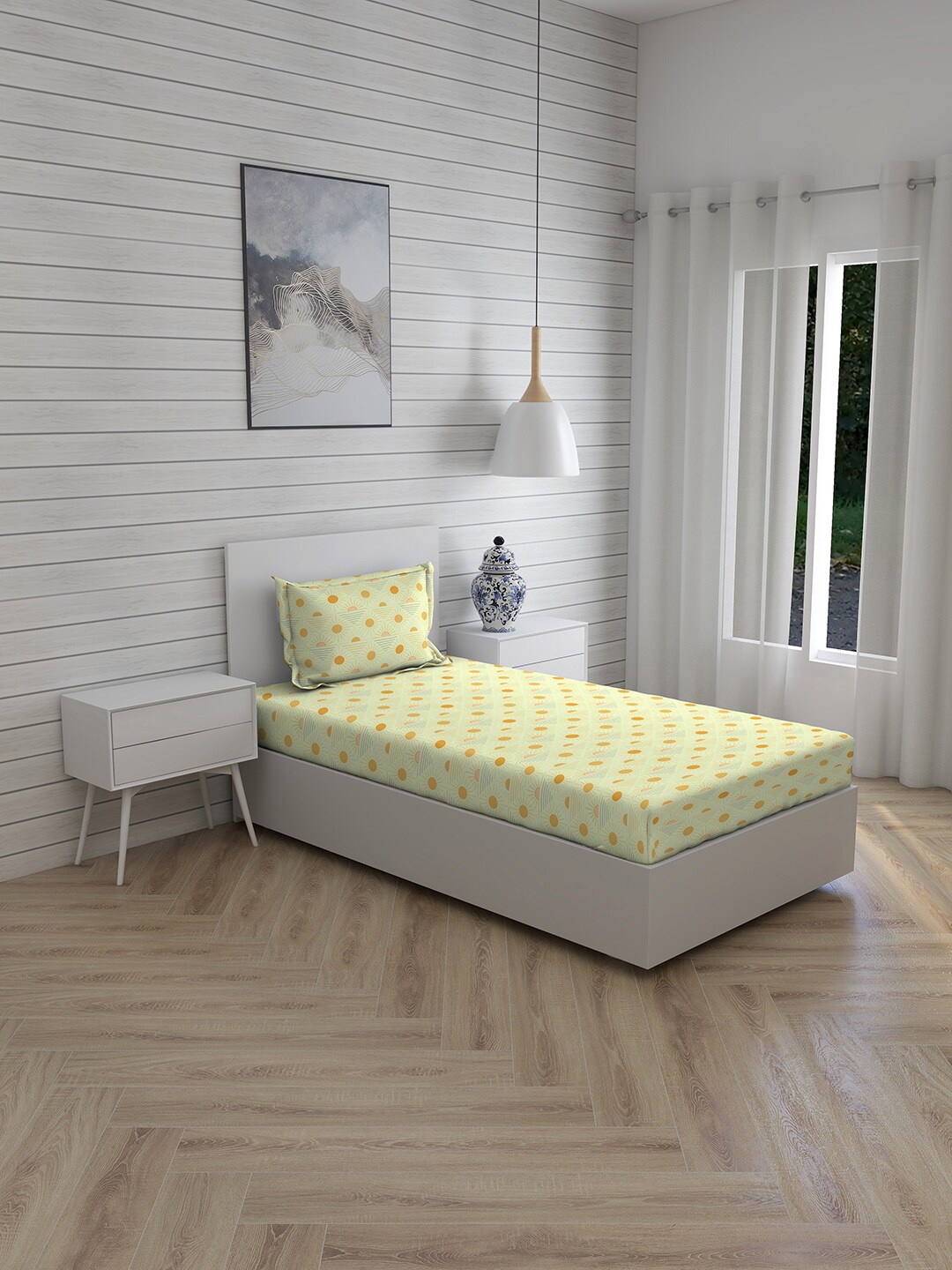 

Layers Yellow & Orange Graphic 150 TC Cotton Single Bedsheet with 1 Pillow Cover