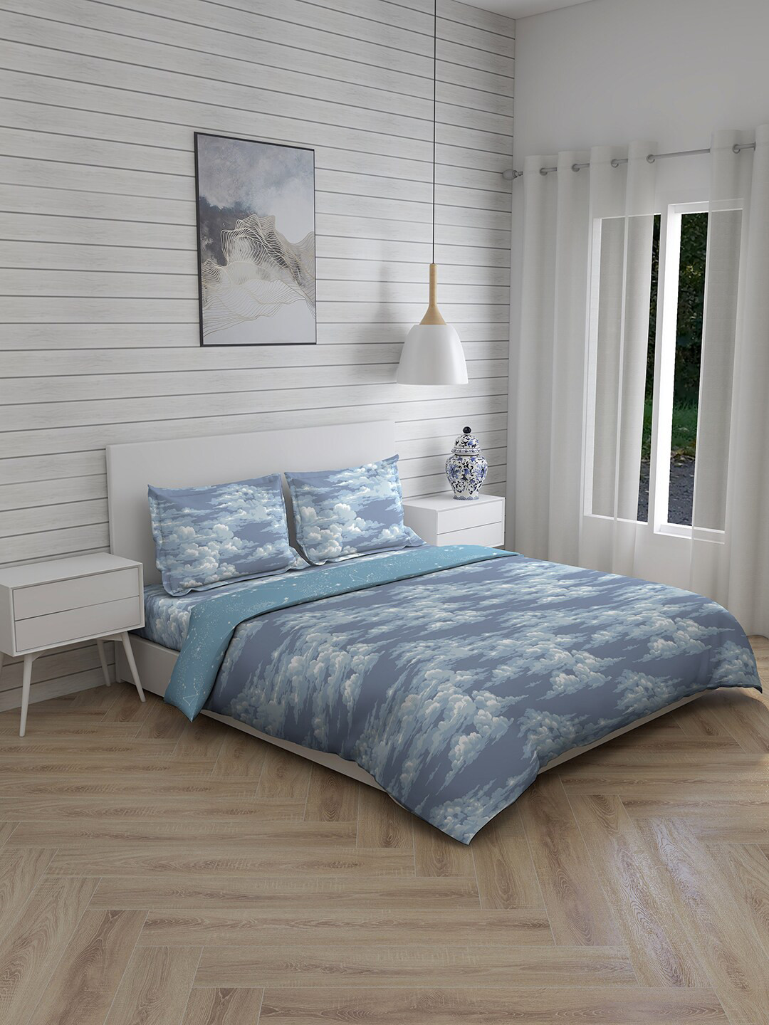 

Layers Blue & Grey Graphic 150 TC Cotton King Bedsheet with 2 Pillow Covers & Comforter