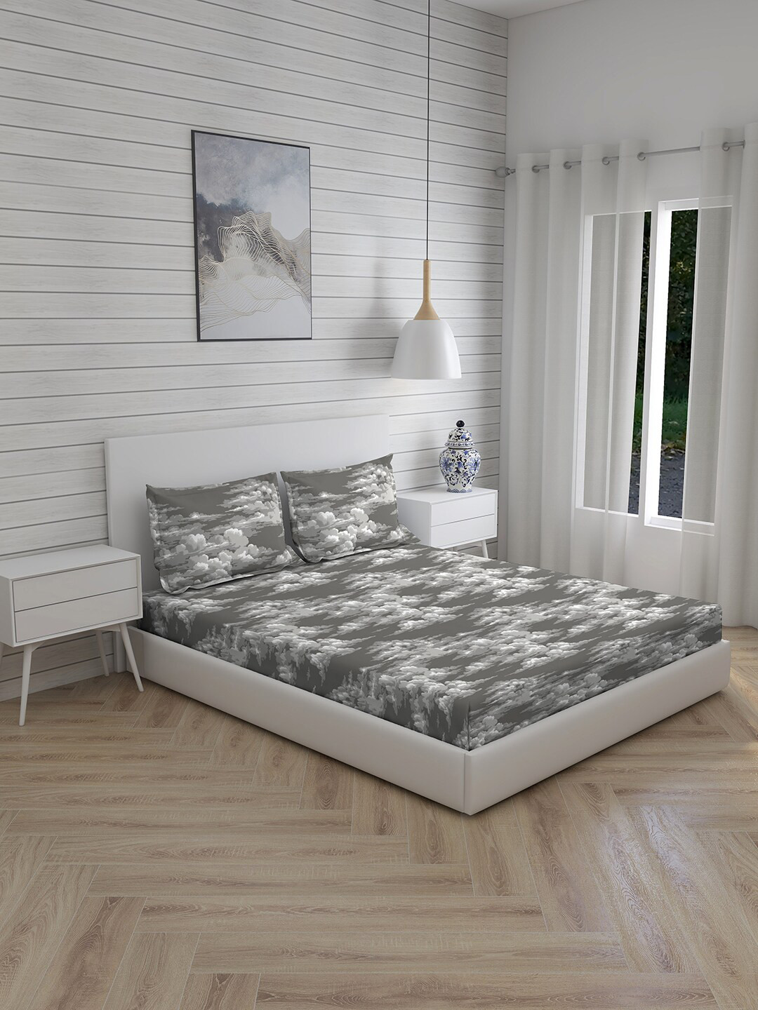 

Layers Grey & White Graphic 150 TC Cotton Queen Bedsheet with 2 Pillow Covers