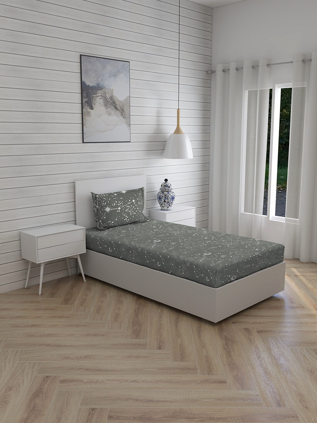 

Layers Grey & White Graphic 150 TC Cotton Single Bedsheet with 1 Pillow Cover