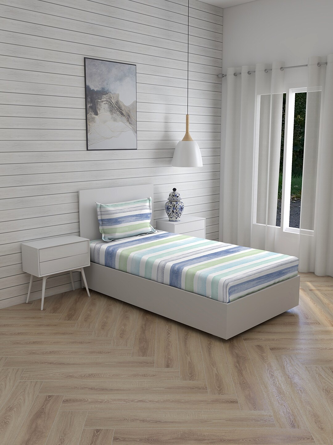 

Layers Blue & White Striped 150 TC Cotton Single Bedsheet with 1 Pillow Cover