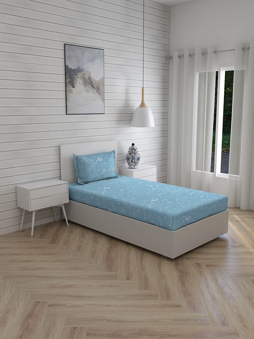 

Layers Blue & White Graphic 150 TC Cotton Single Bedsheet with 1 Pillow Cover