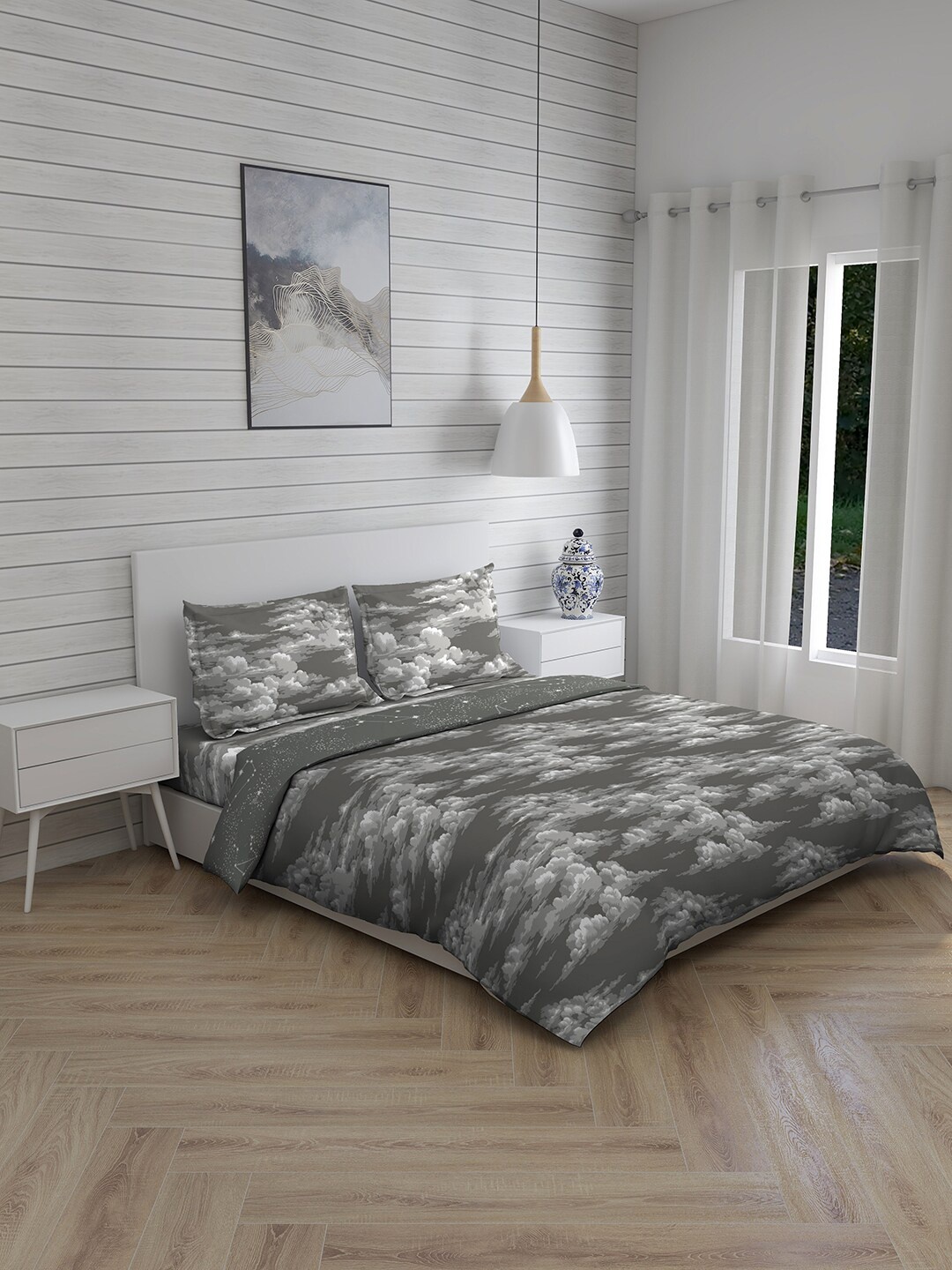

Layers Grey & White Graphic 150 TC Cotton King Bedsheet with 2 Pillow Covers & Comforter