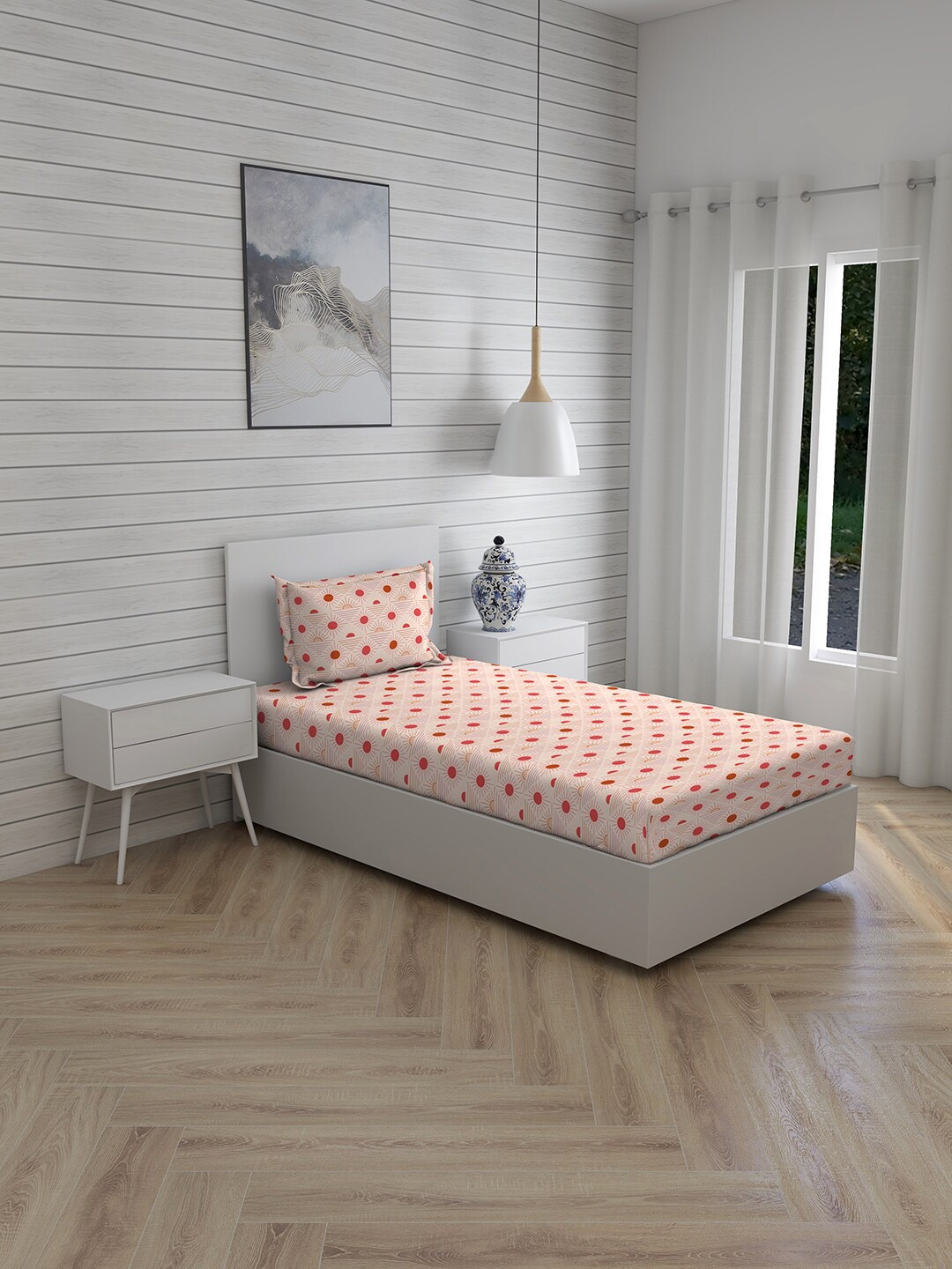 

Layers Peach-Coloured & Red Graphic 150 TC Cotton Single Bedsheet with 1 Pillow Cover