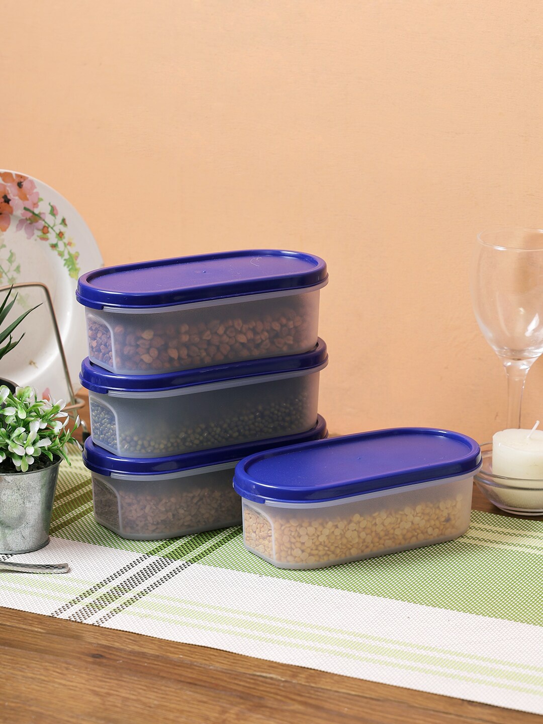 

Abode Abode Set Of 4 Transparent & Blue Solid Plastic Airtight Food Containers