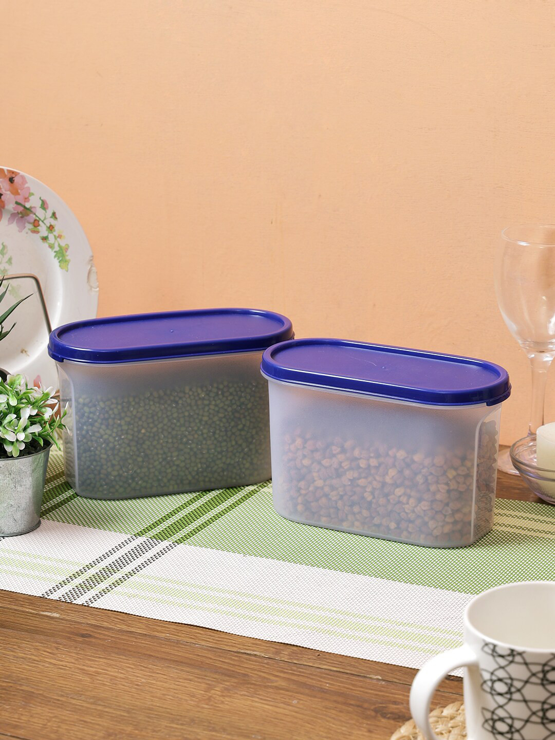 

Abode Set Of 2 Transparent & Blue Plastic Airtight Food Container Set