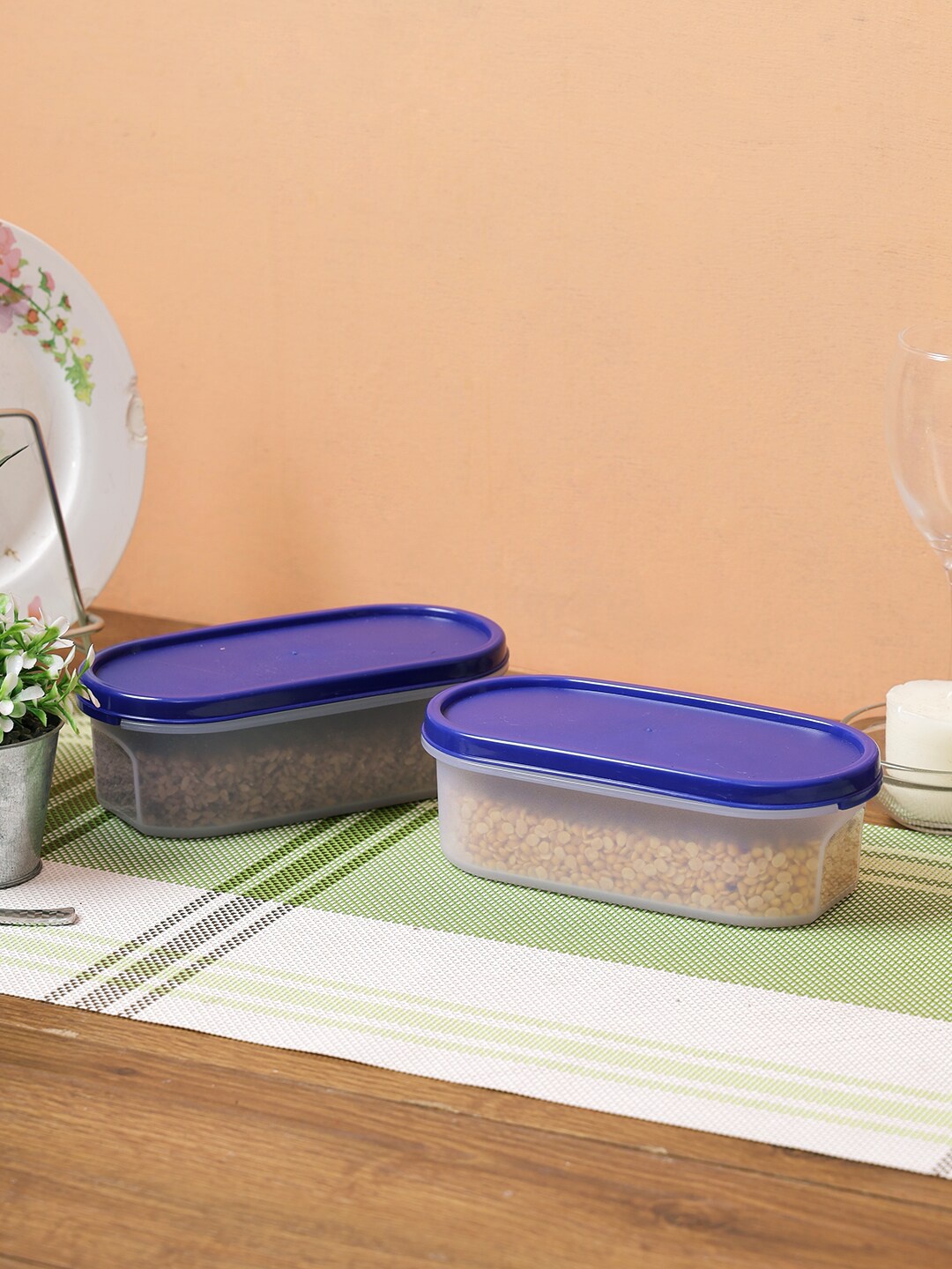 

Abode Set Of 2 Transparent & Blue Plastic Airtight Food Storage Container Set