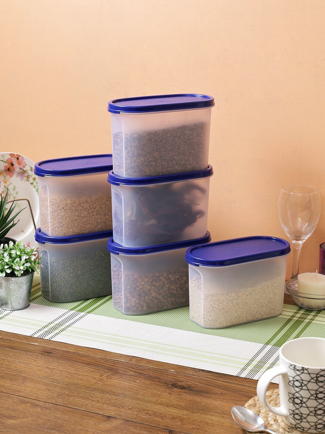 

Abode Set Of 6 Transparent & Blue Plastic Airtight Storage Container Set