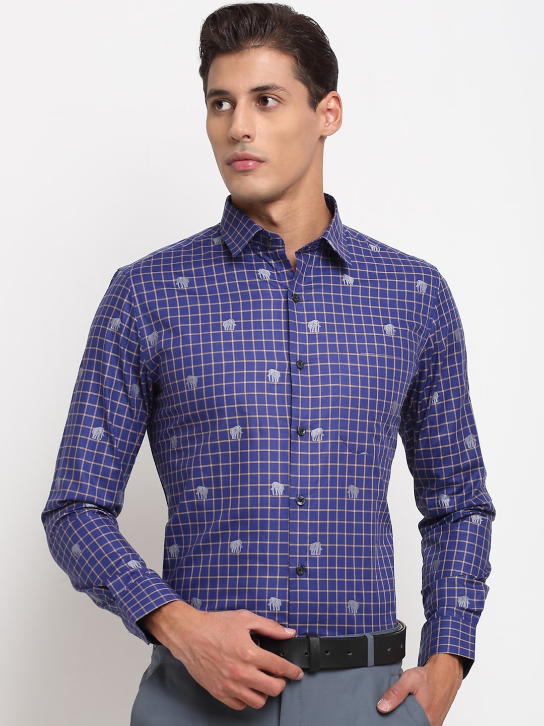 

FINNOY Men Blue Slim Fit Checked Formal Shirt