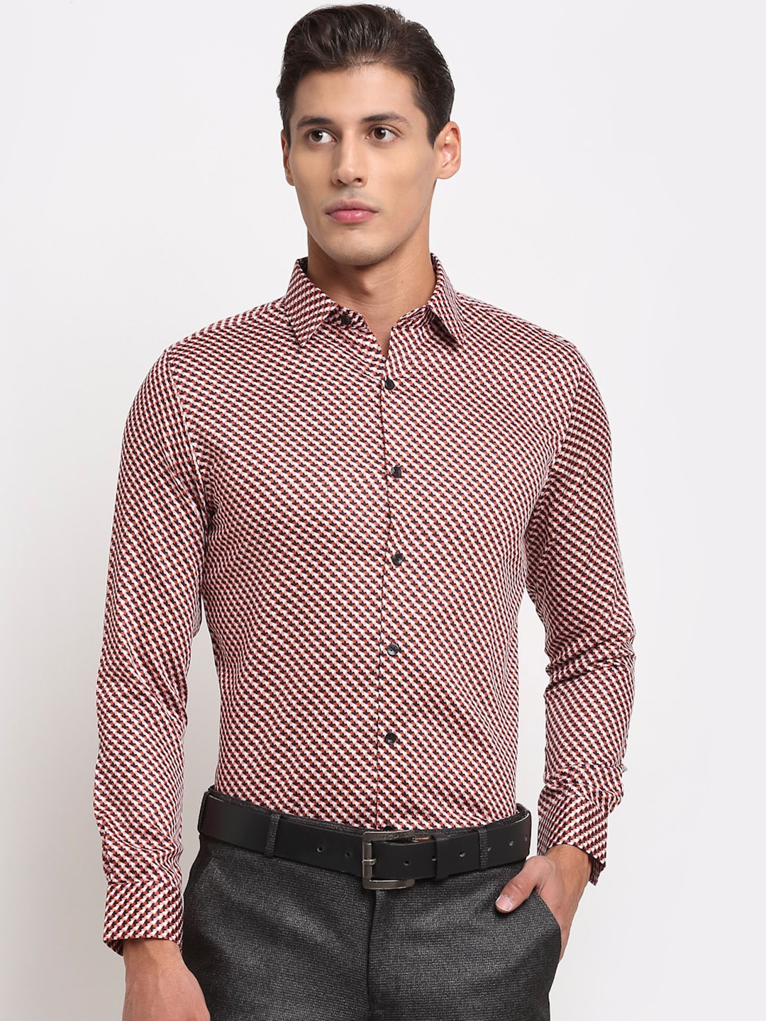 

FINNOY Men Red & Pink Slim Fit Opaque Printed Formal Shirt