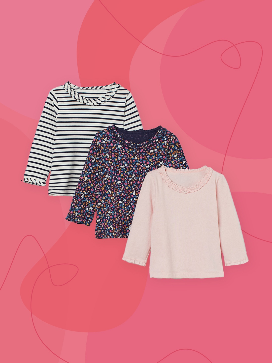 

H&M Multicoloured 3-Pack Frilled Tops, Multi