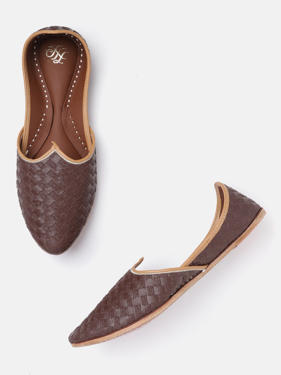 

House of Pataudi Men Coffee Brown Basketweave Textured Handcrafted Mojaris