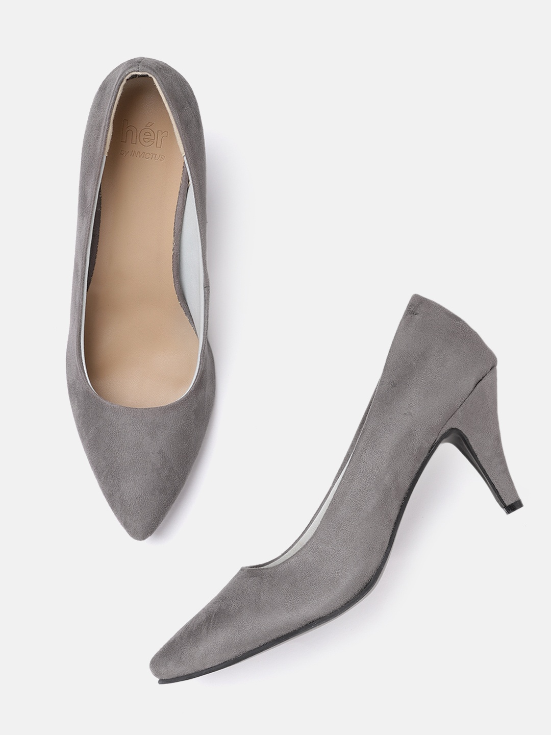 

her by invictus Grey Solid Suede Finish Work Slim Heeled Pumps