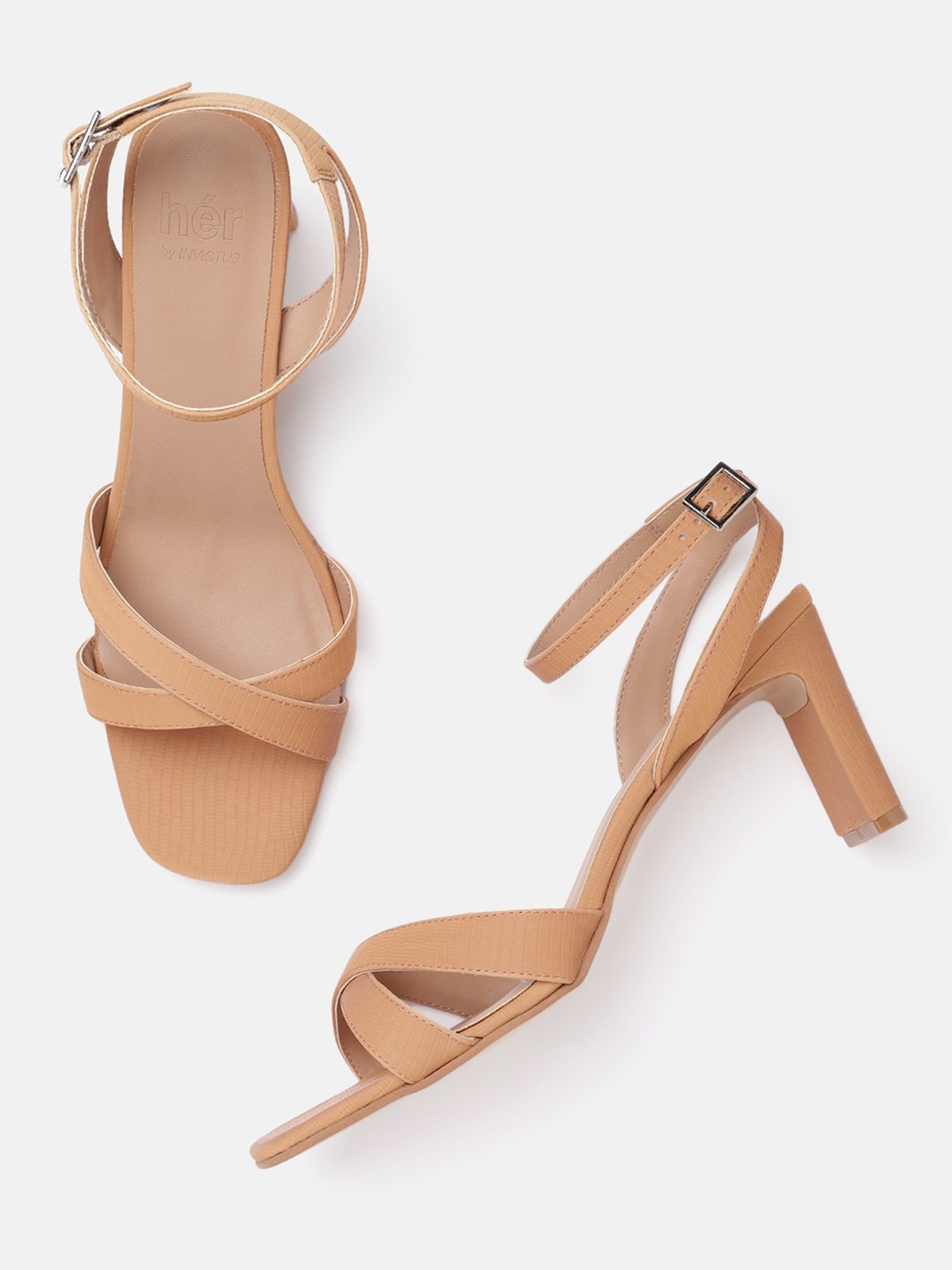 

her by invictus Women Beige Reptile Textured Block Heels