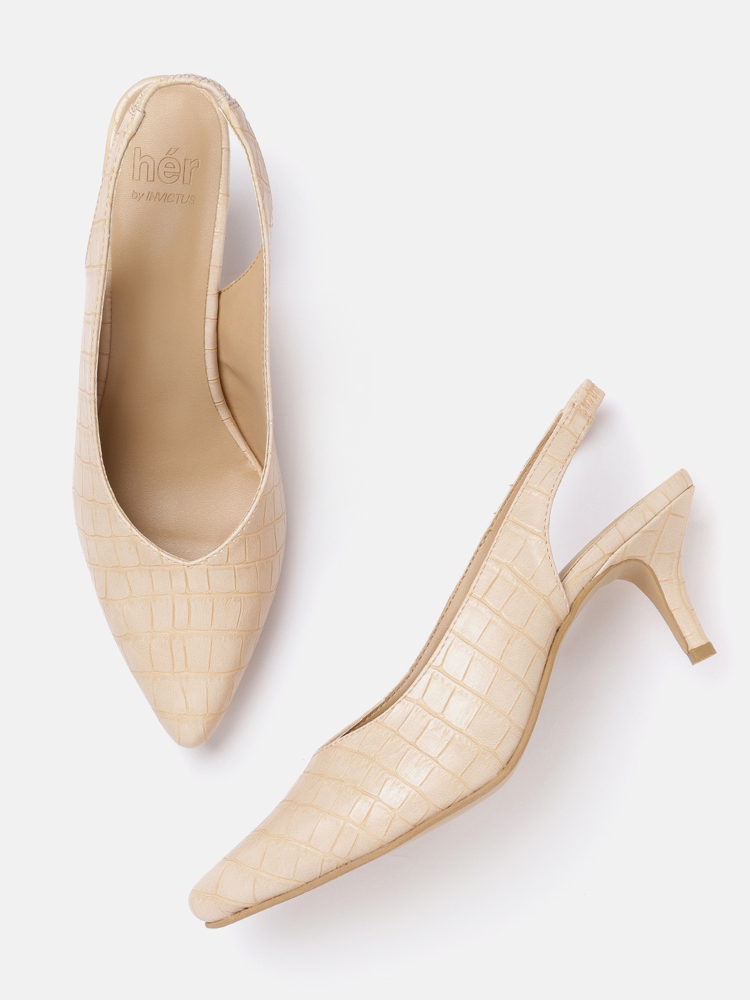 

her by invictus Women Beige Croc Textured Heeled Mules