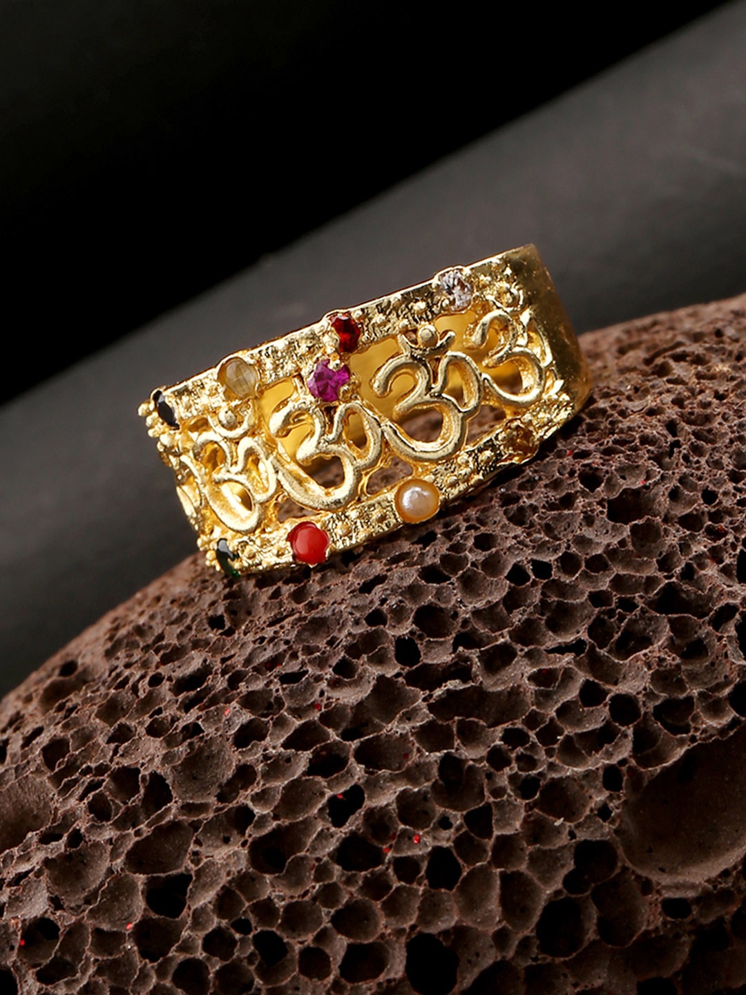 

Dare by Voylla Men Gold-Plated Green & Pink Stone-Studded Finger Ring