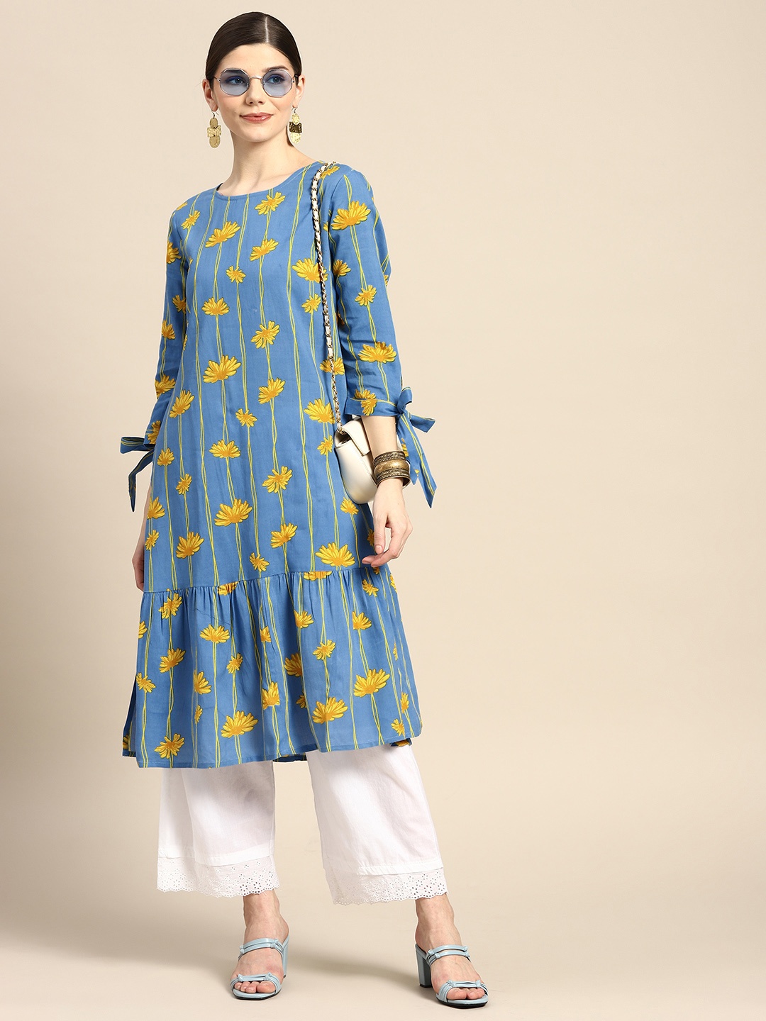 

Anouk Women Blue & Yellow Floral Printed Kurta