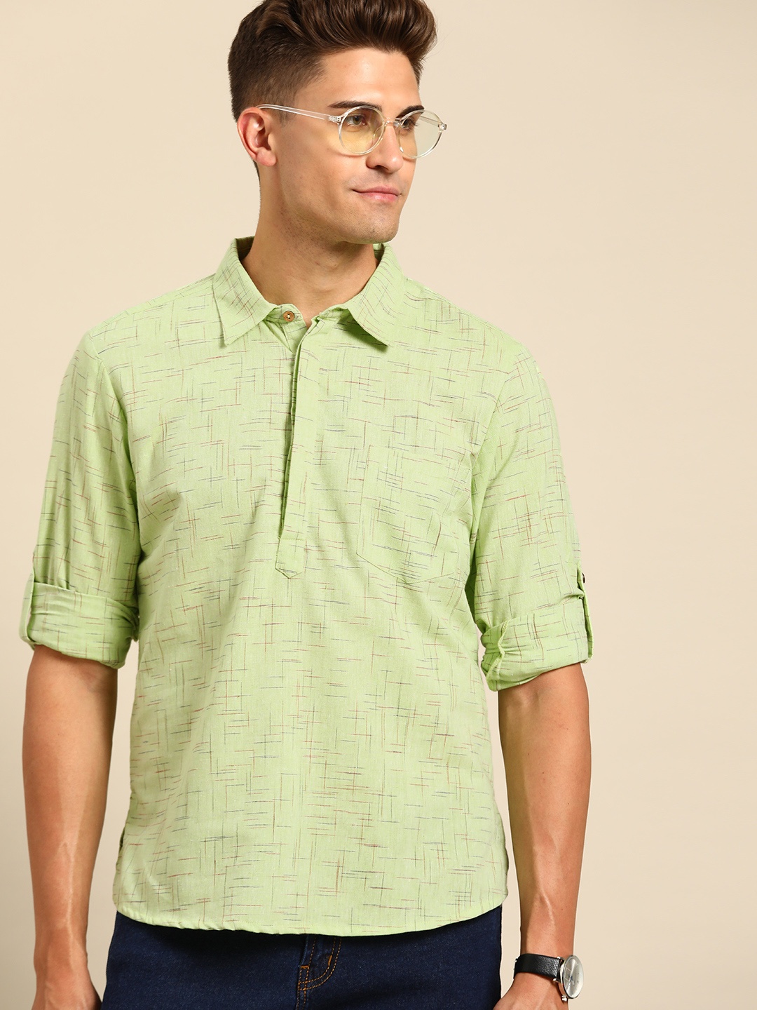

Anouk Men Green Geometric Pure Cotton Printed Kurta
