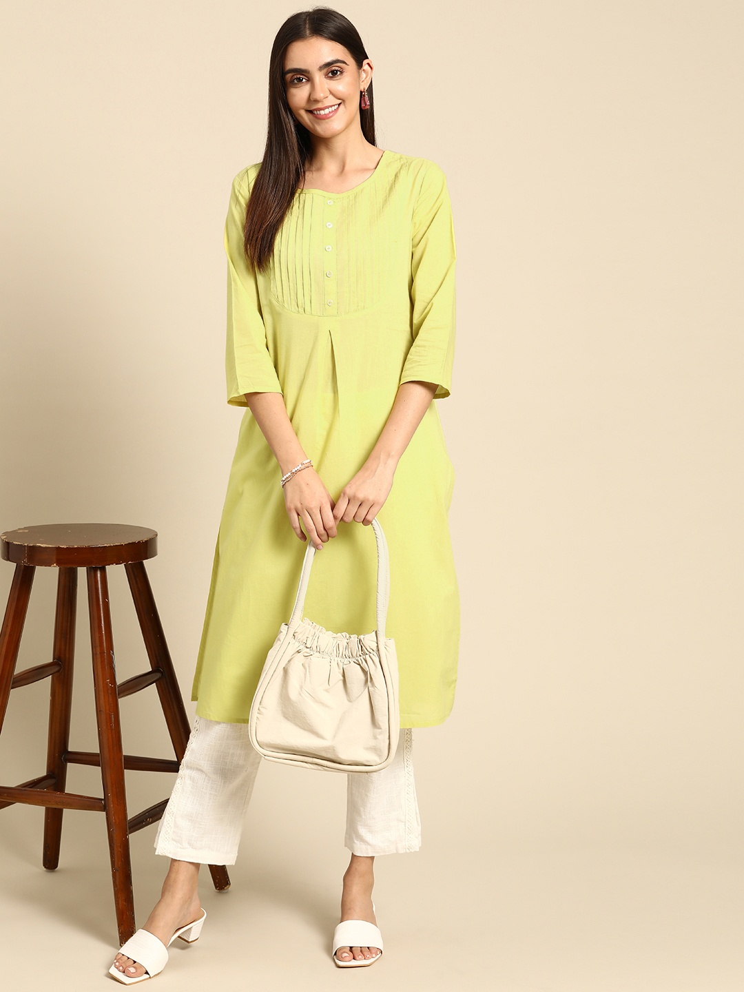 

Anouk Women Lime Green Pure Cotton Straight Kurta