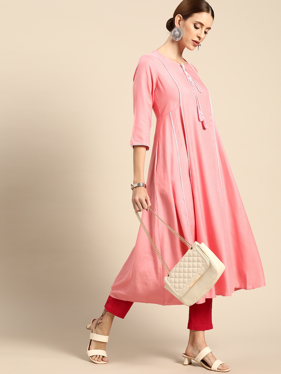

Anouk Phool-Bazaar Women Pink Woven Design Lace Inserts Detail Anarkali Kurta