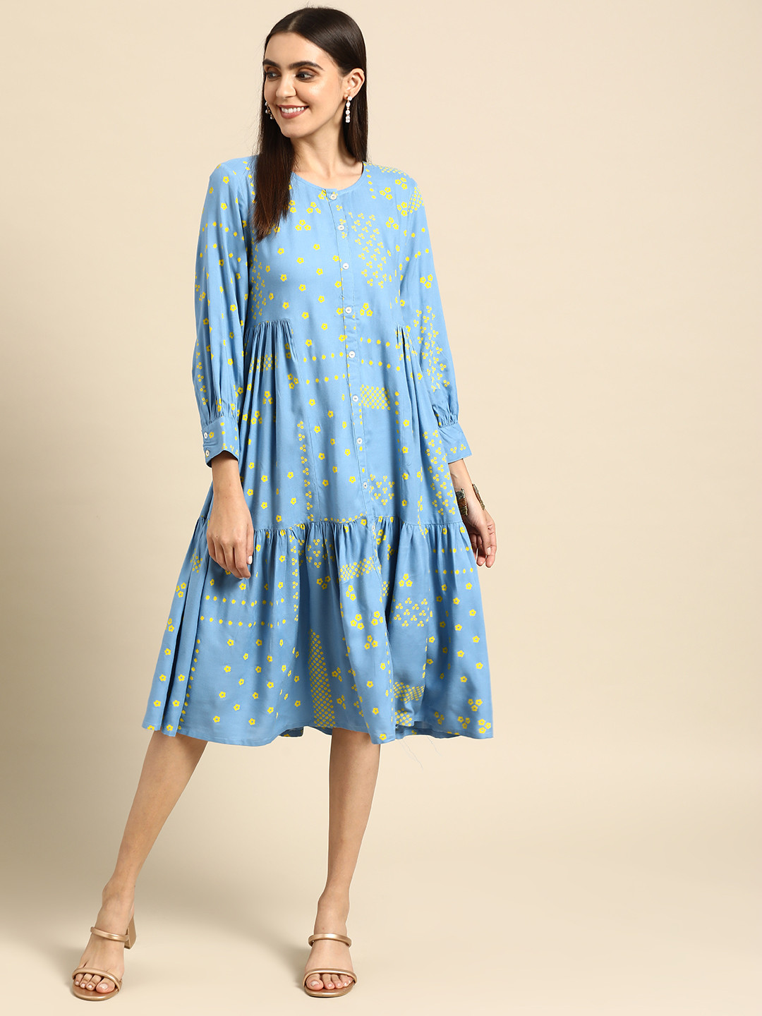 

Anouk Women Blue & Yellow Ethnic Motifs A-Line Dress