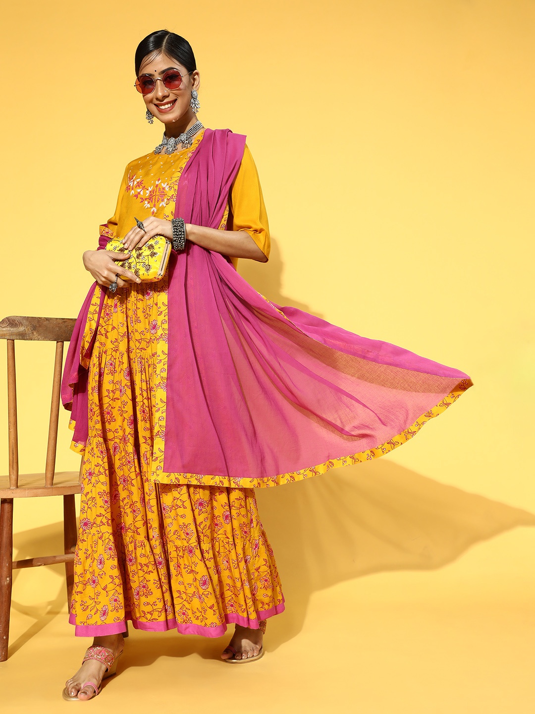 

Anouk Mustard Yellow & Pink Embroidered Ready to Wear Fusion Lehenga & Blouse With Dupatta