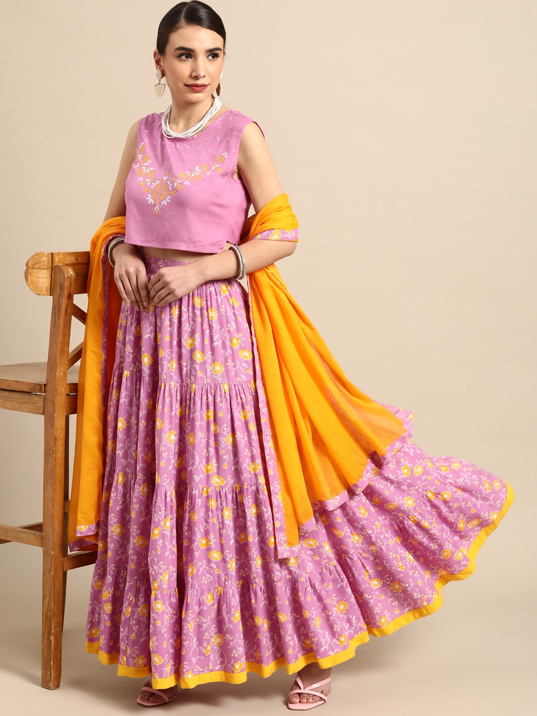 

Anouk Pink & Yellow Embroidered Ready to Wear Lehenga & Blouse With Dupatta