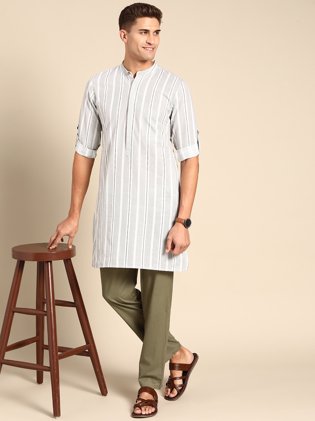 

Anouk Men Grey & Olive Green Striped Pure Cotton Kurta with Trousers