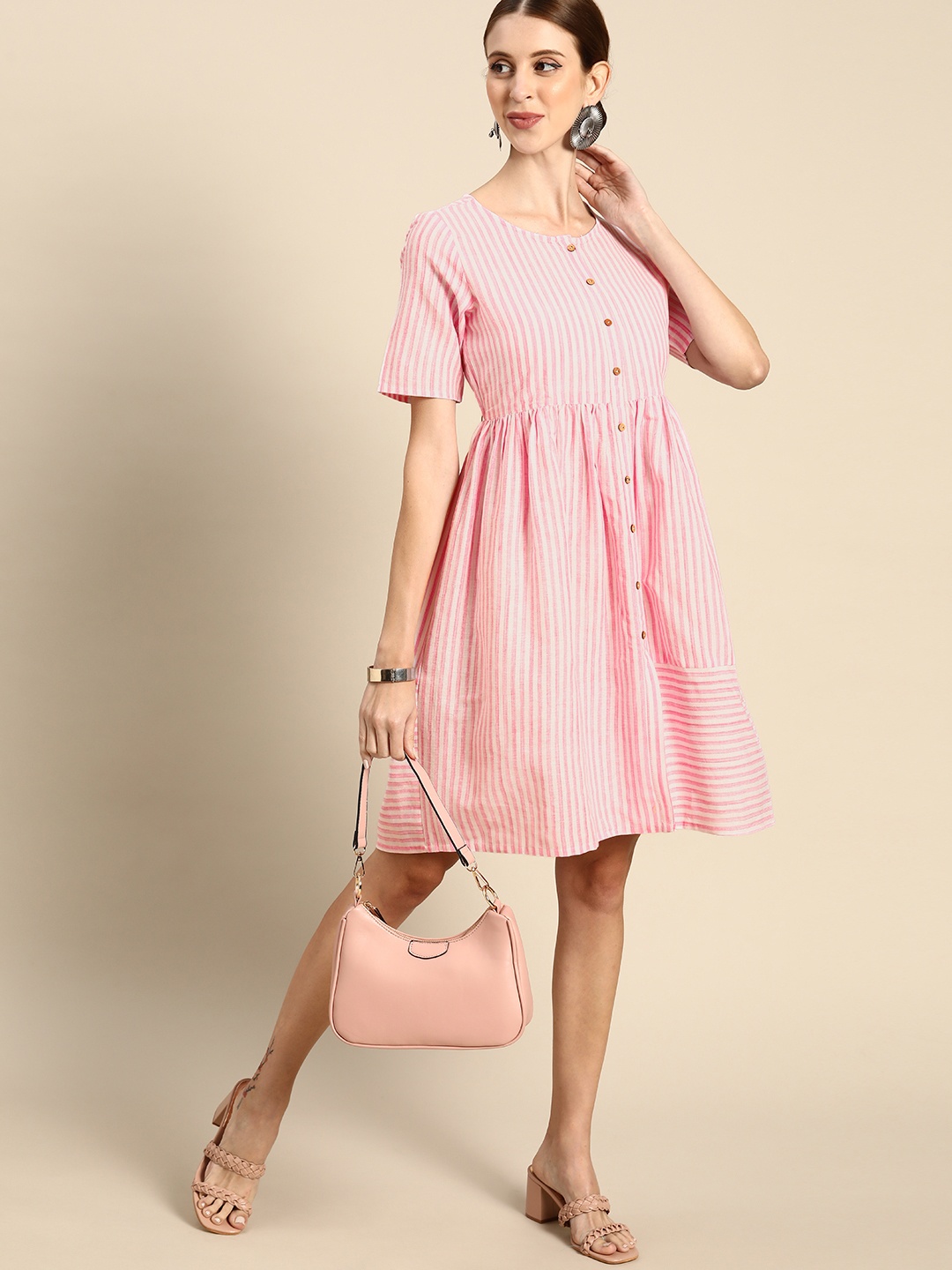 

Anouk Pink & White Striped A-Line Dress