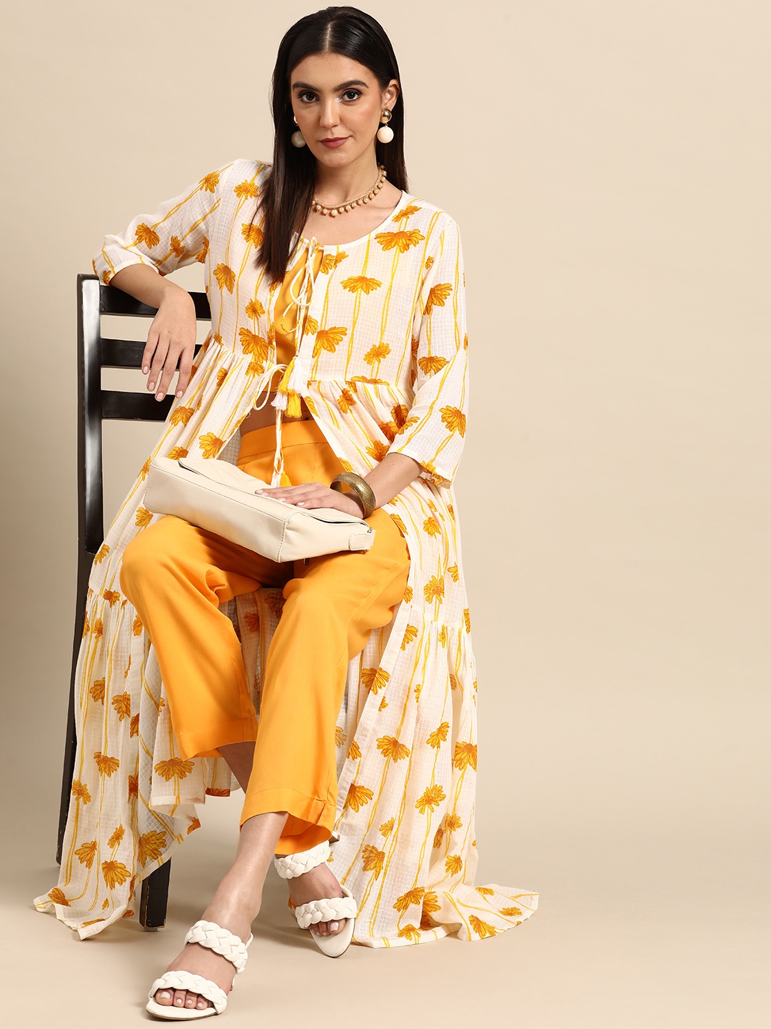 

Anouk Women Mustard Yellow & Off White Printed Layered Kurta With Trousers