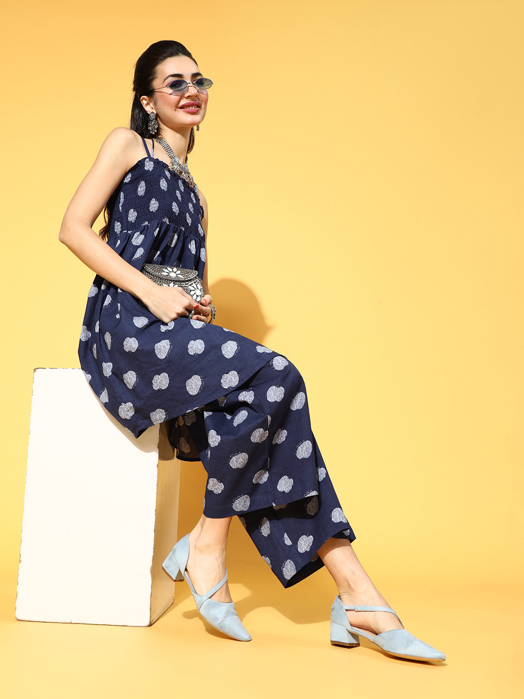 

Anouk Ethnic Motifs Pure Cotton New Neckline Kurta Set, Navy blue