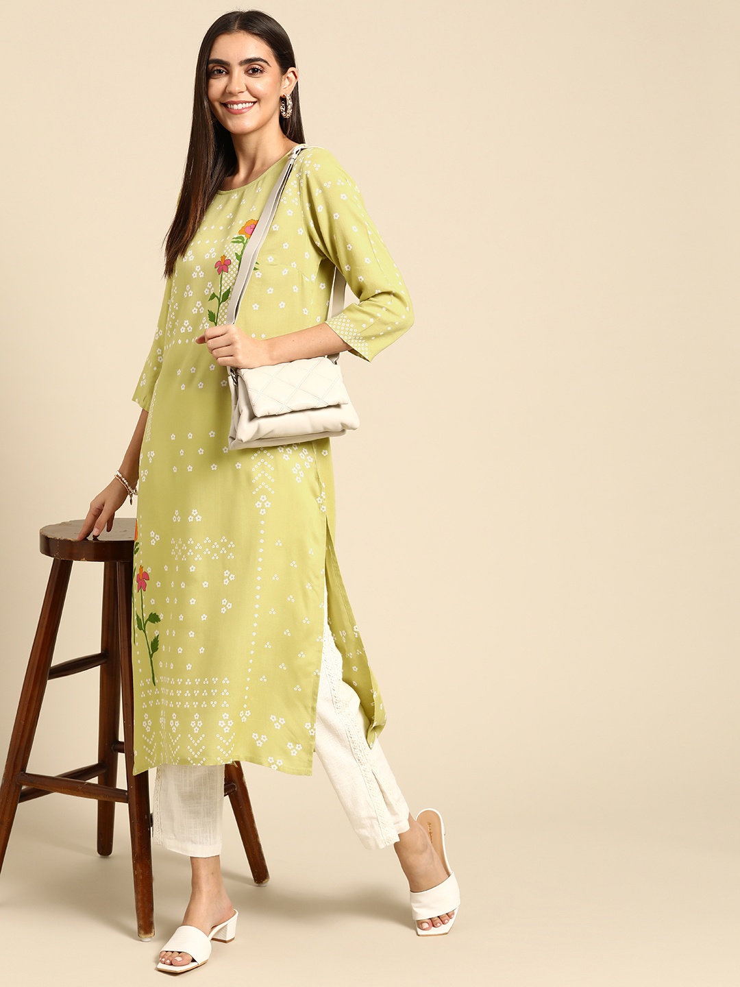 

Anouk Women Lime Green & White Floral Printed Floral Kurta