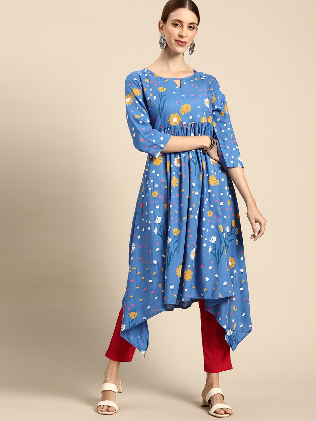 

Anouk Women Blue & Yellow Floral Printed Asymmetric A-Line Kurta